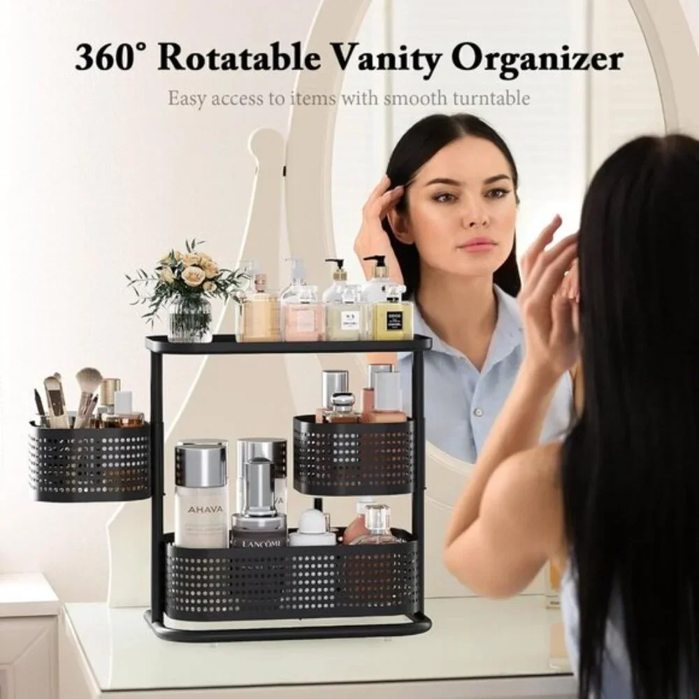 3-Tier Rotating Bathroom Organizer, Black Vanity & Kitchen Counter Storage Rack